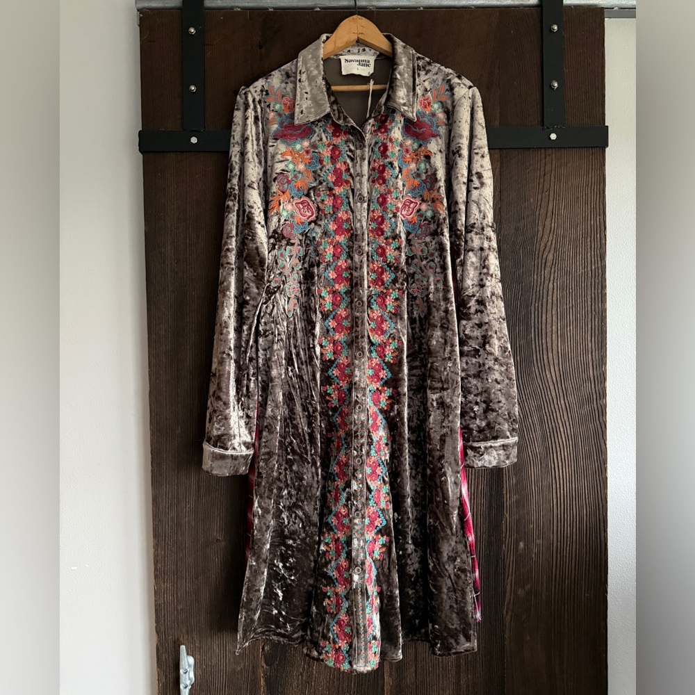 Velvet Embroidered Floral Long Shirt Dress - Taupe Multicolor Embroidery
